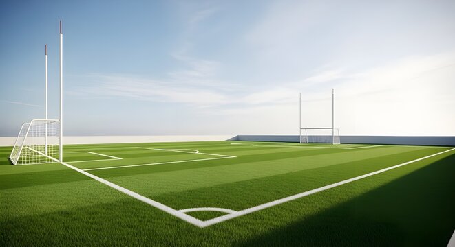 Gaelic football pitch with goalposts and netting under a blue sky