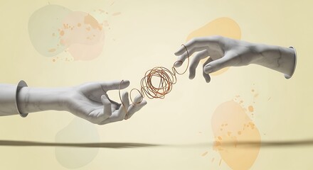 Two marble hands untangling a copper wire on a soft yellow background untangle