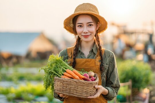 Smiling young Asian farmer holding a basket of fresh organic harvest.
