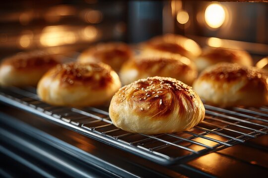 Freshly baked golden buns with sesame seeds browning beautifully inside a warm oven.