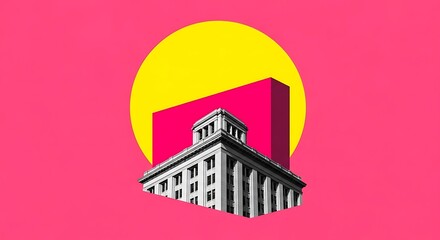 White Building With Yellow Circle and Pink Rectangle On Pink Background architecture
