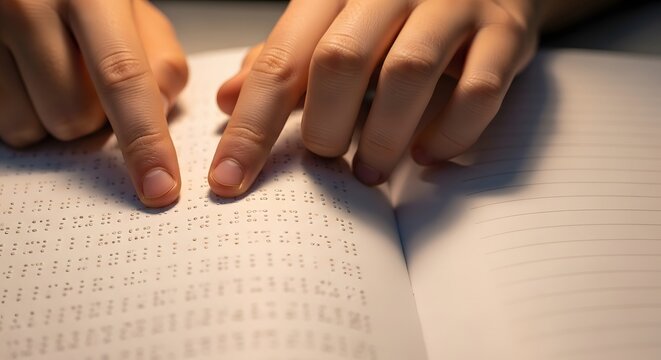 Fingers reading braille on a white book with a light shining above it