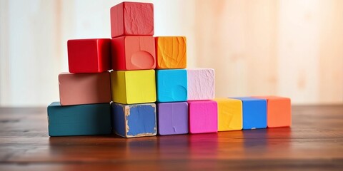 Colorful blocks forming a tower on a wooden table, school, blocks
