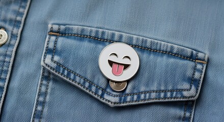 White emoji pin with tongue sticking out on denim shirt pocket badge round