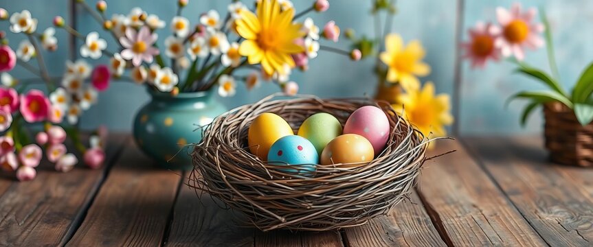 Colorful Easter eggs nestled in a bird's nest atop a rustic wooden table; blurred spring blossoms and decorations in background,   rustic,  rabbit