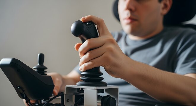 Man using a joystick controller for mobility assistive technology device
