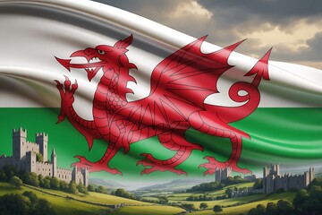 Wales flag with red dragon waving design