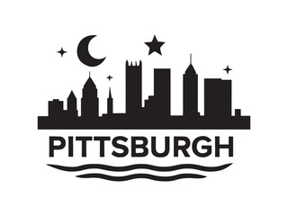 Obraz premium Pittsburgh Skyline Silhouette with Palm Tree and Waves – Vector City Logo Design. Black and White Pittsburgh Cityscape Illustration – Modern Skyline Vector Art