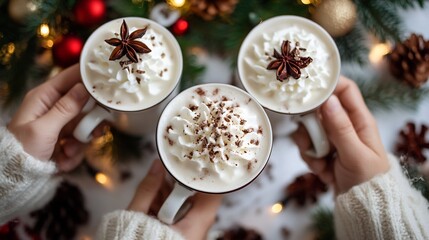 Family hands clinking mugs of hot chocolate whipped cream festive table setup cozy faceless holiday vibe