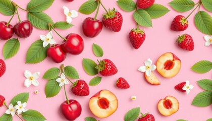 Pink background seamless patterns featuring cherries, peaches, strawberries, green leaves, and white flowers,  artwork,  illustration
