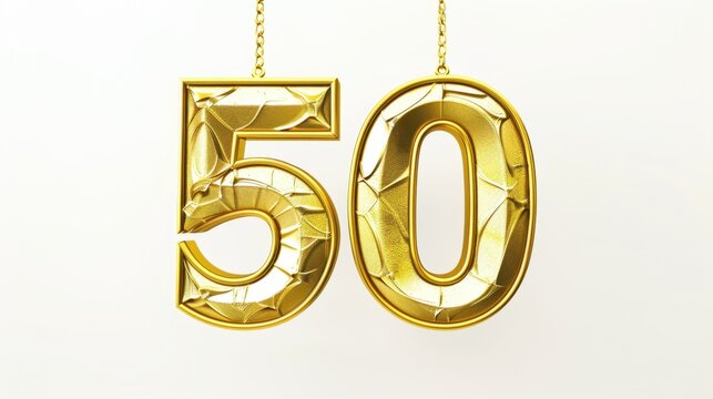 Golden number 50 hanging on a white background. The number is shiny and reflective, symbolizing a milestone or celebration.
