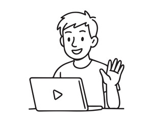Cheerful young man waving hello during a video call on his laptop, perfect for remote work, online learning, or social connection illustrations