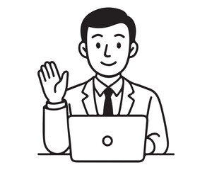 Friendly businessman waving hello while working on laptop, showcasing professional connection and modern communication strategies in a simple illustration