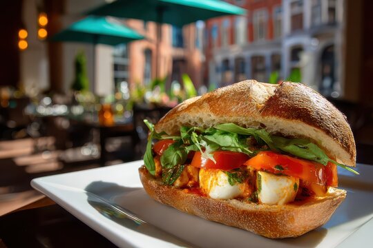 A fresh and delicious Caprese style sandwich on a sunny cafe patio, ready to be enjoyed.