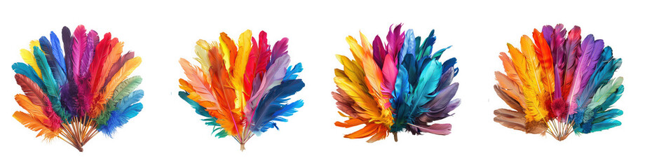Obraz premium A vibrant collection of colorful feathers arranged in a fan shape, isolated on transparent background