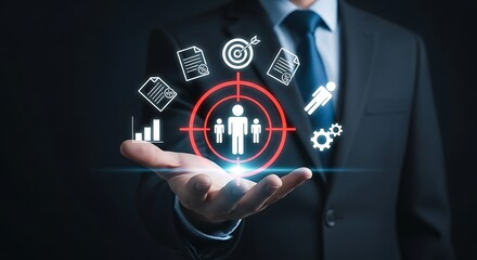 Businessman holding digital interface with human resources management icons and business strategy elements