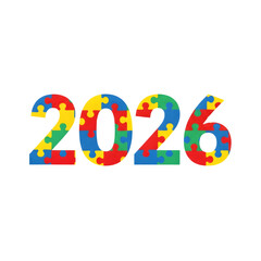 Fototapeta premium Colorful puzzle pieces form the year 2026 isolated on transparent background