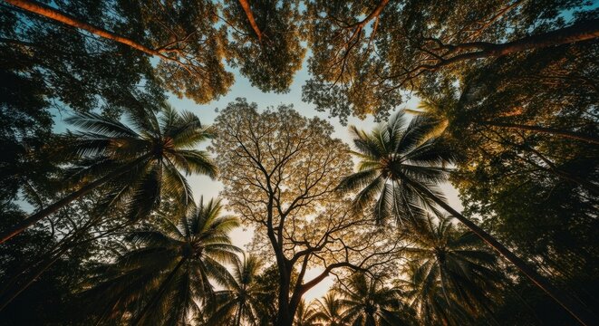Low angle perspective of a tropical forest canopy. Golden sunset light filtering through lush treetops. Environmental conservation and sustainable travel concept. Natural growth and serenity