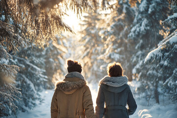 Couple walking hand in hand through snowy forest during winter sunset