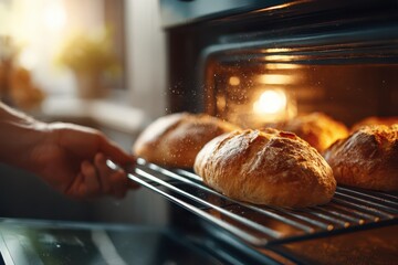 A hand removing warm, freshly baked artisan bread from a glowing oven.