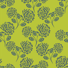 Vintage floral wallpaper with repeating patterns of large flowers and leaves. Earthy tones of brown and green dominate the floral design. Classic vintage style. Vintage art