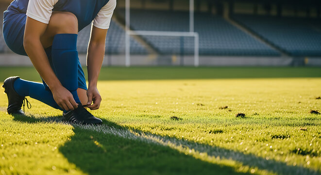 Athlete tying soccer shoe on green field preparing for match