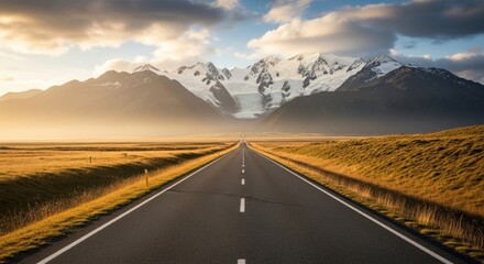 Long straight road leading to majestic mountains. The journey ahead concept for business success. Travel and adventure on an open highway. Future direction and achieving goals