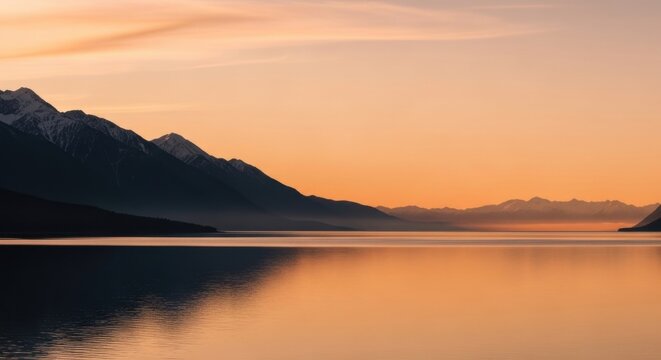 Snow capped mountain range over a calm lake. Serene nature landscape for wellness and meditation. Golden hour sunrise with water reflection. Outdoor travel and exploration concept - Powered by Adobe