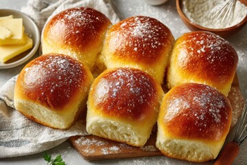 Freshly baked golden brioche buns dusted with powdered sugar, served.