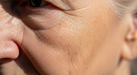 Macro close-up detail of elderly woman's wrinkled skin showing texture and signs of aging with subtle sunlight highlights