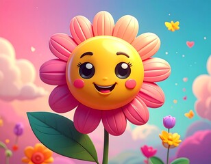 Cartoon flower with a smiling face and a pastel-colored background