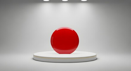 Glossy red oval object displayed on a white pedestal under spotlights