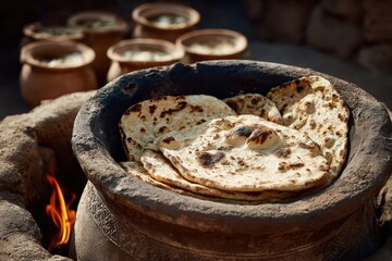 Freshly baked naan bread in a rustic clay tandoor oven with warm flames.