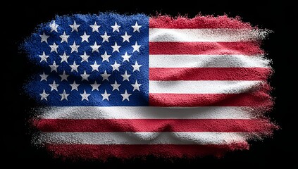 Flag with stars and stripes is shown in a blurry, grainy texture. The flag is the American flag