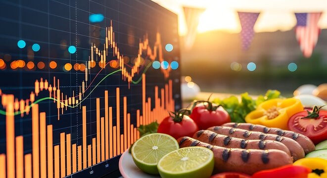 Outdoor barbecue with grilled sausages and fresh vegetables next to a stock market graph on a screen