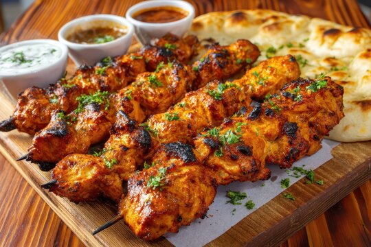 Delicious grilled chicken tikka skewers with naan bread and traditional sauces. - Powered by Adobe
