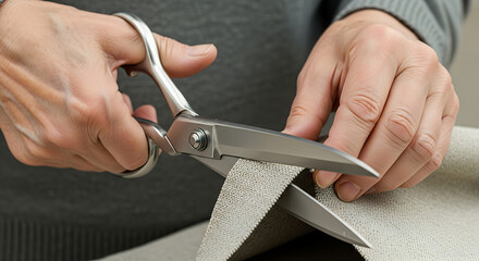 Close-up of a person's hands using sharp scissors to cut a textured fabric with a metallic sheen, symbolizing crafting and sewing
