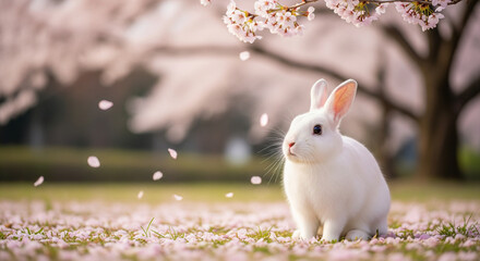white rabbit under a beautiful cherry blossom tree