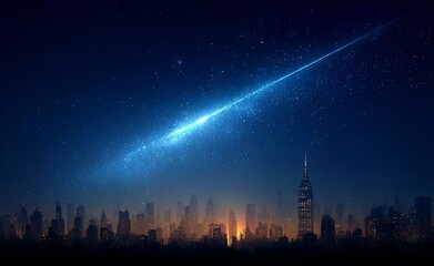 Fototapeta premium City skyline is lit up at night with a bright streak of light shooting across the sky