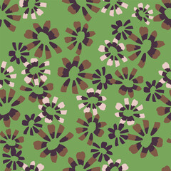 Vintage floral wallpaper with repeating patterns of large flowers and leaves. Earthy tones of brown and green dominate the floral design. Classic vintage style. Vintage art