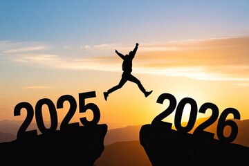 Silhouette Jumping from 2025 to 2026 Against Mountain Sunset Sky