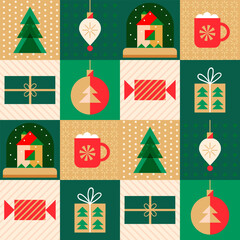Seamless flat pattern with simple geometric drawings of tree, gifts, cocoa cup, candy, balls, and house. Bright minimal holiday design for winter decor.