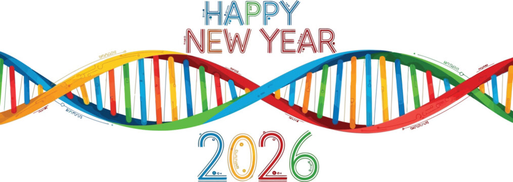 Celebrate new year 2026 with a vibrant dna strand design, symbolizing growth and innovation