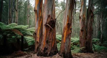 Colorful eucalyptus tree bark in an Australian forest. Lush green fern undergrowth. Natural woodland environment for ecotourism and conservation concepts