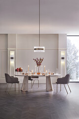 Vertical view of a luxurious dining room set for Christmas. Modern interior with festive table and snowy winter window.