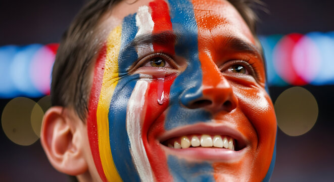 Excited Fan With Face Paint Celebrating Sports Event With Joyful Expression Close Up - Powered by Adobe