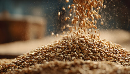 Obraz premium Pouring wheat or barley seeds into a large pile after a successful harvest. Concept of food supply, agribusiness, and commodity trading