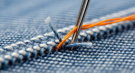 Close up of a needle threading orange yarn through blue denim fabric with a frayed edge showing texture and detail