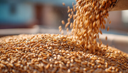 Obraz premium Pouring wheat or barley seeds into a large pile after a successful harvest. Concept of food supply, agribusiness, and commodity trading