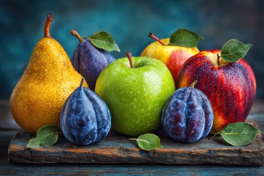 Vibrant fresh fruits: pear, apples, plums with water droplets on a rustic board.